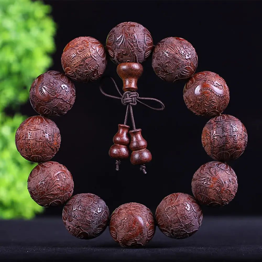 Buddha Stones Chinese Zodiac Rosewood Ebony Copper Coin PiXiu Carved Warmth Bracelet - BWOOOH - Red Sandalwood Dragon