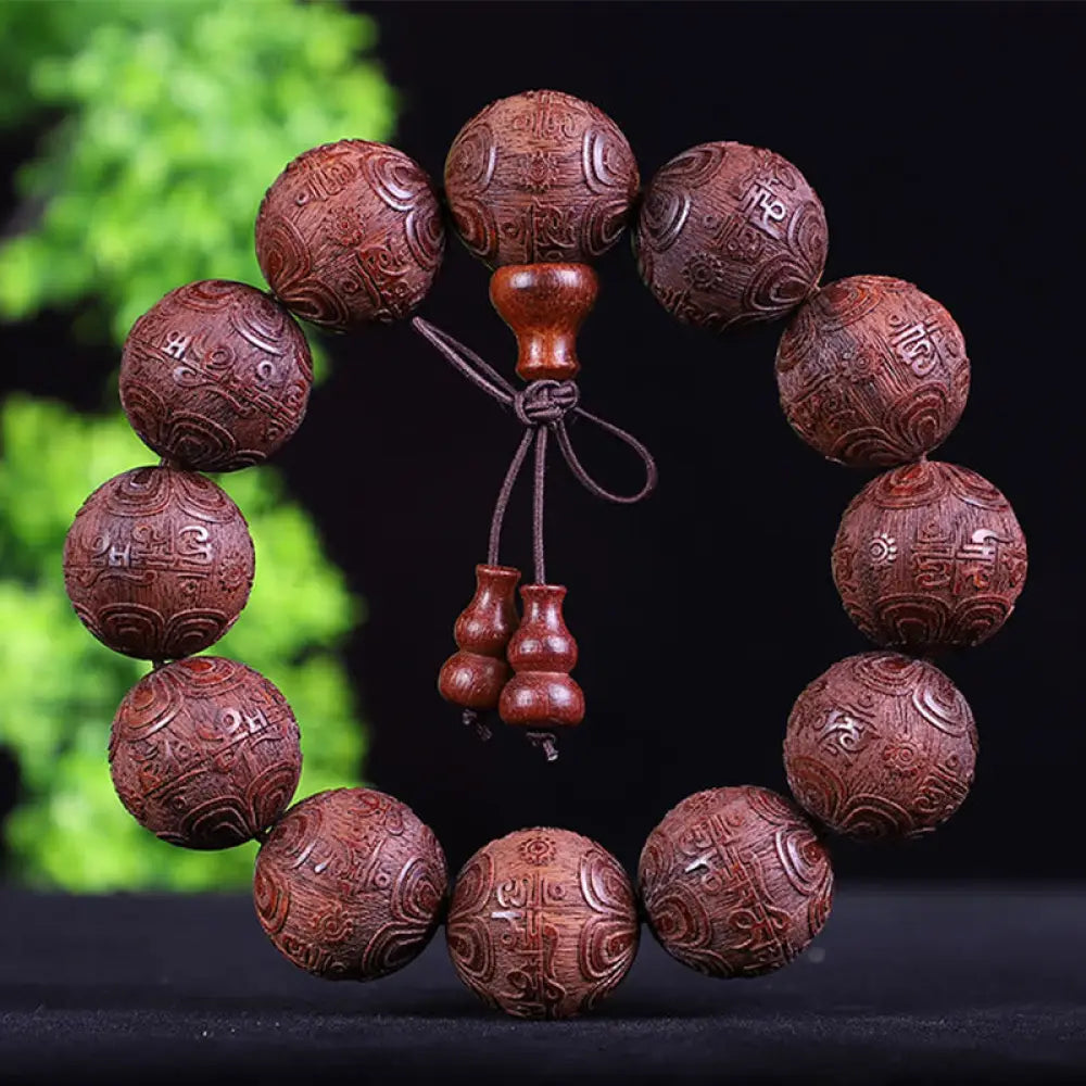 Buddha Stones Chinese Zodiac Rosewood Ebony Copper Coin PiXiu Carved Warmth Bracelet - BWOOOH - Red Sandalwood Om Mani