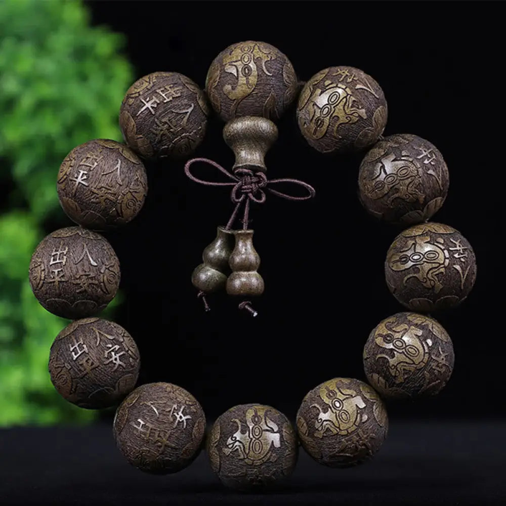 Buddha Stones Chinese Zodiac Rosewood Ebony Copper Coin PiXiu Carved Warmth Bracelet - BWOOOH - Ebony Safety And Peace