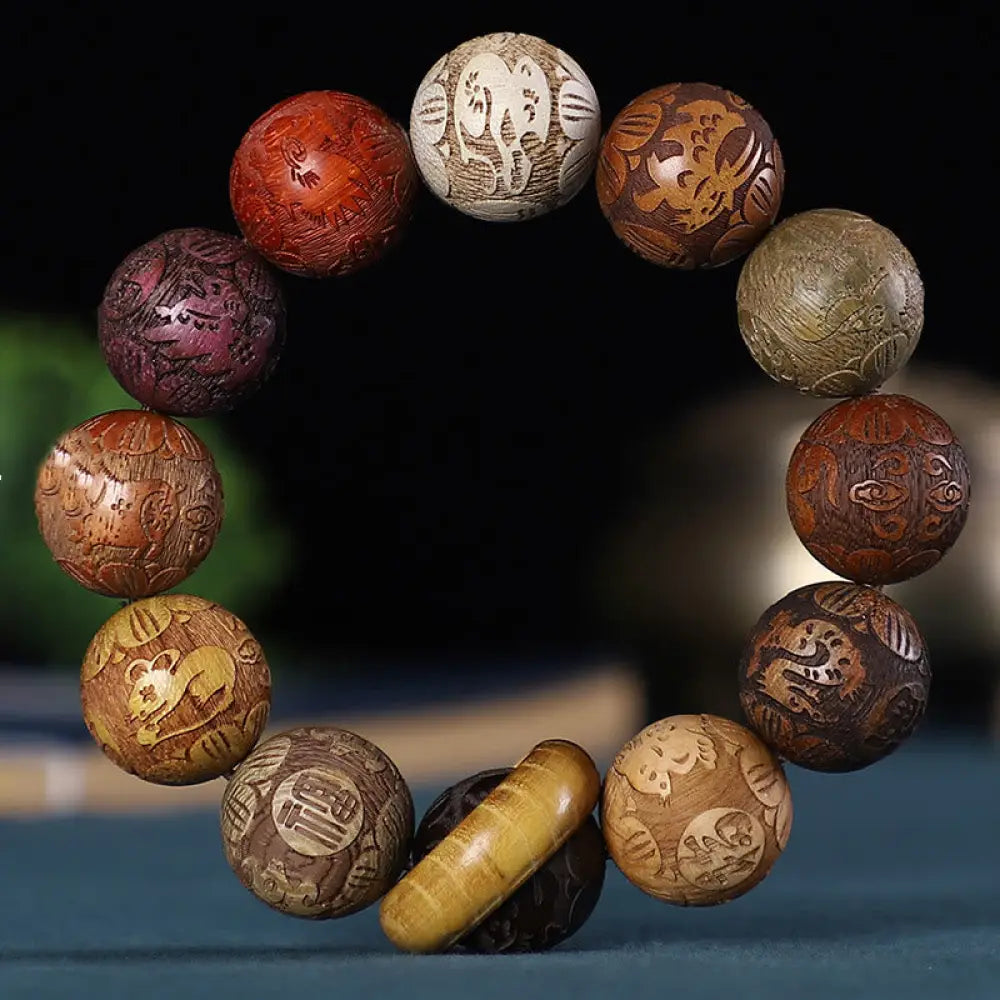 BWOOOH Chinese Zodiac Rosewood Green Sandalwood Ebony Wood Copper Coin Carved Calm Bracelet - BWOOOH - 12 Zodiac
