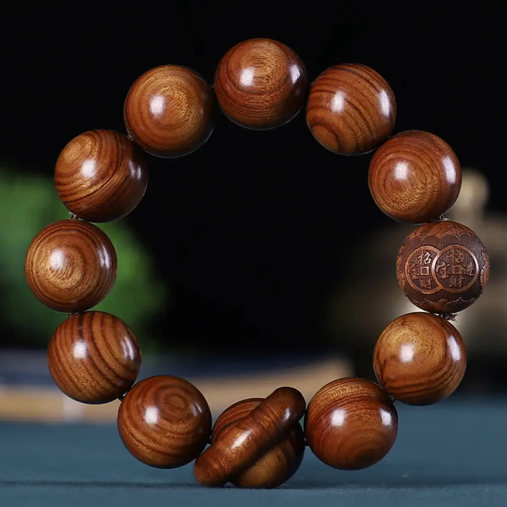 Buddha Stones Chinese Zodiac Rosewood Green Sandalwood Ebony Wood Copper Coin Carved Calm Bracelet - BWOOOH - Rosewood
