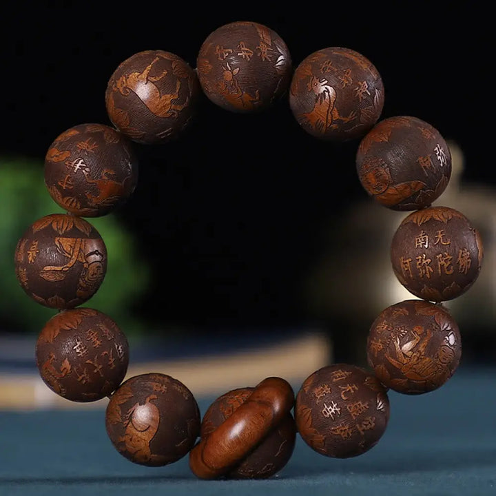 Buddha Stones Chinese Zodiac Rosewood Green Sandalwood Ebony Wood Copper Coin Carved Calm Bracelet - BWOOOH - Rosewood