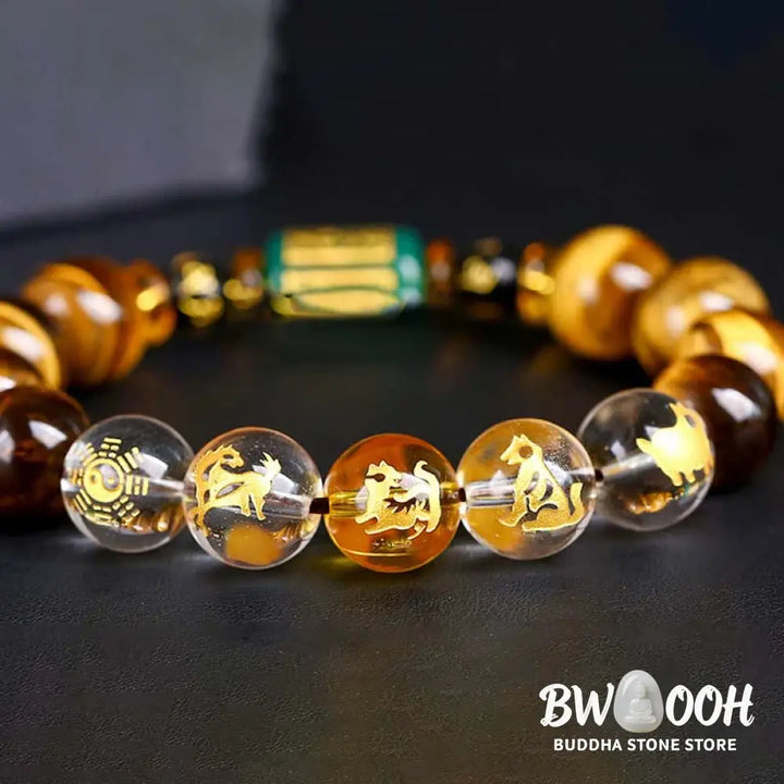 Buddha Stones Chinese Zodiac Tiger Eye White Crystal Courage Bracelet - BWOOOH - Bracelet
