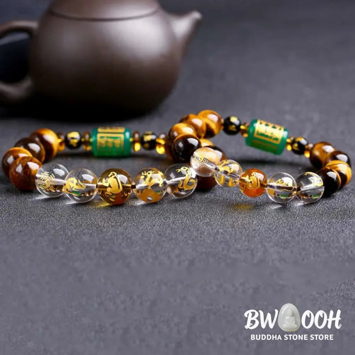 Buddha Stones Chinese Zodiac Tiger Eye White Crystal Courage Bracelet - BWOOOH - Bracelet