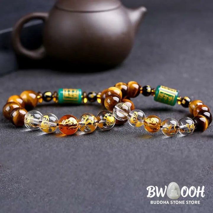 Buddha Stones Chinese Zodiac Tiger Eye White Crystal Courage Bracelet - BWOOOH - Bracelet
