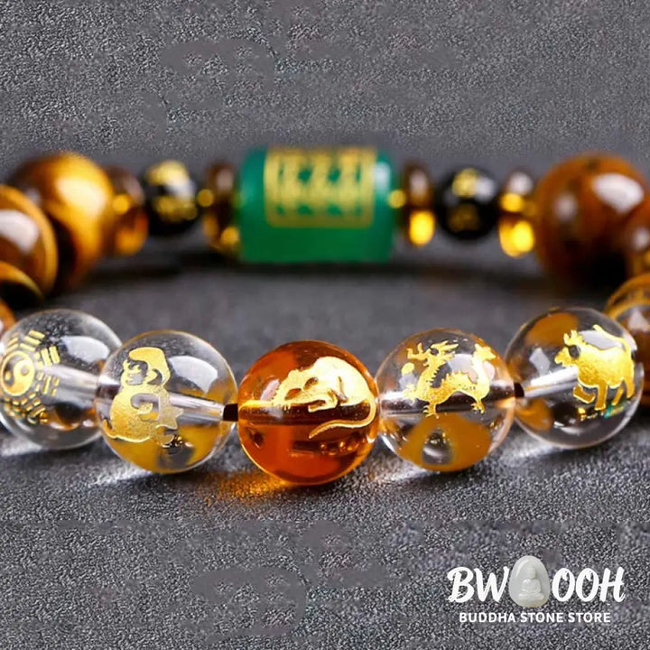 Buddha Stones Chinese Zodiac Tiger Eye White Crystal Courage Bracelet - BWOOOH - Bracelet