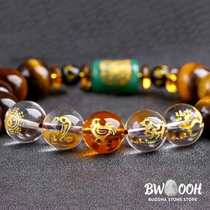 Buddha Stones Chinese Zodiac Tiger Eye White Crystal Courage Bracelet - BWOOOH - Bracelet