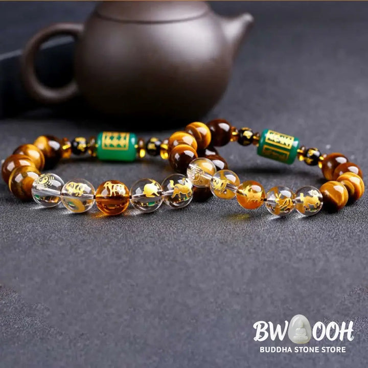 Buddha Stones Chinese Zodiac Tiger Eye White Crystal Courage Bracelet - BWOOOH - Bracelet