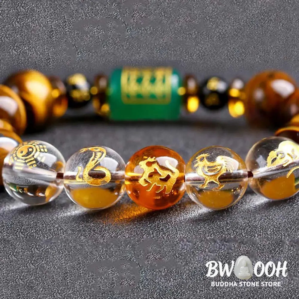Buddha Stones Chinese Zodiac Tiger Eye White Crystal Courage Bracelet - BWOOOH - Bracelet