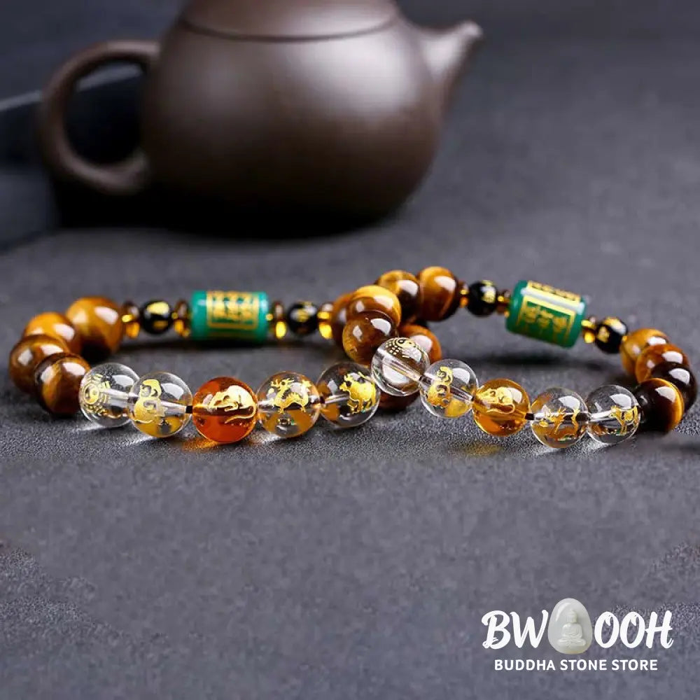 Buddha Stones Chinese Zodiac Tiger Eye White Crystal Courage Bracelet - BWOOOH - Bracelet