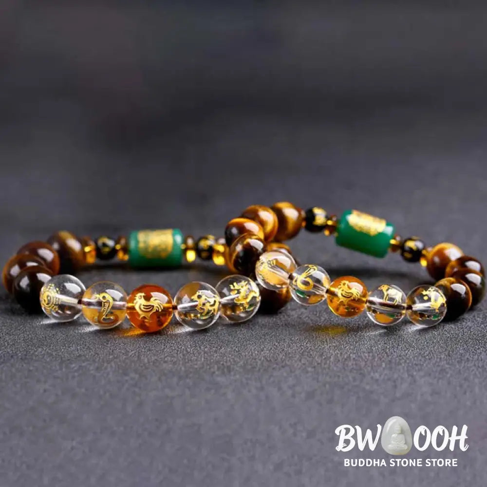 Buddha Stones Chinese Zodiac Tiger Eye White Crystal Courage Bracelet - BWOOOH - Bracelet