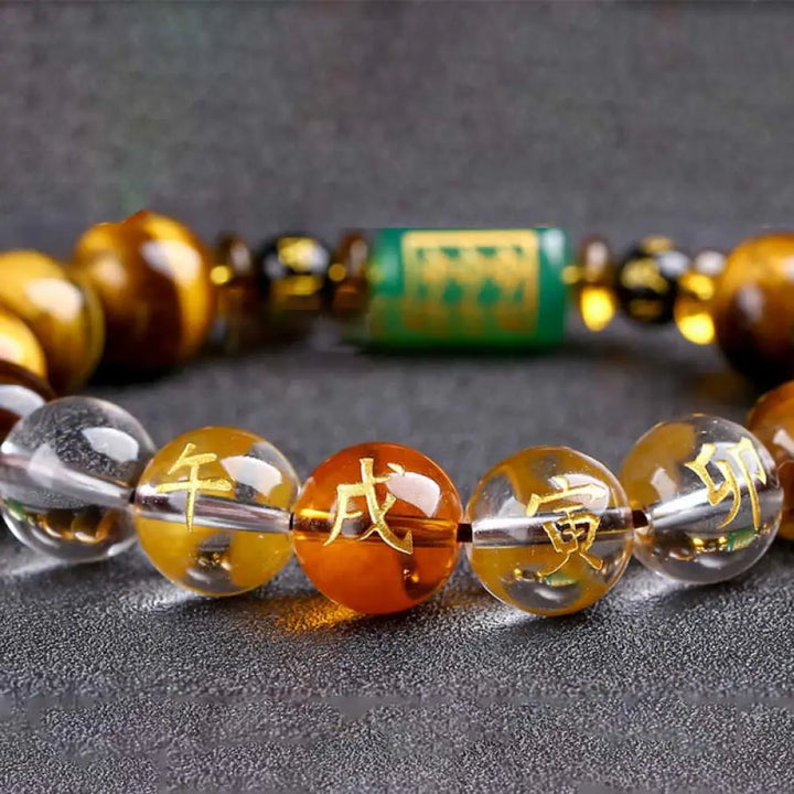 Buddha Stones Chinese Zodiac Tiger Eye White Crystal Courage Bracelet - BWOOOH - Dog(Wrist Circumference: 14-16cm)