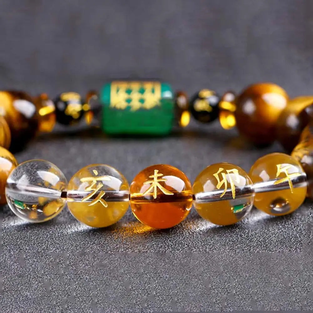 Buddha Stones Chinese Zodiac Tiger Eye White Crystal Courage Bracelet - BWOOOH - Goat(Wrist Circumference: 14-16cm)