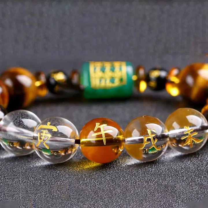 Buddha Stones Chinese Zodiac Tiger Eye White Crystal Courage Bracelet - BWOOOH - Horse(Wrist Circumference: 14-16cm)