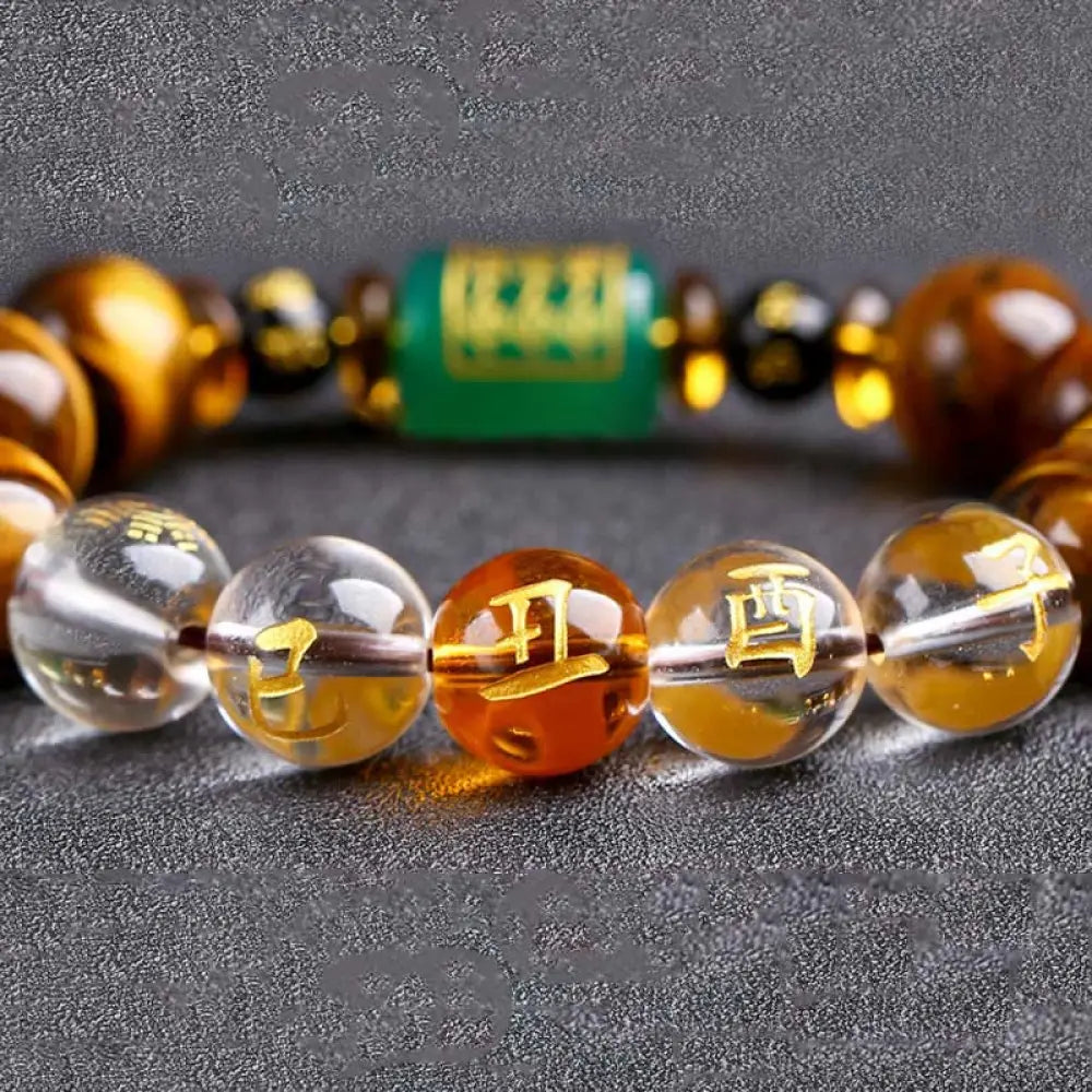 Buddha Stones Chinese Zodiac Tiger Eye White Crystal Courage Bracelet - BWOOOH - Ox(Wrist Circumference: 14-16cm)
