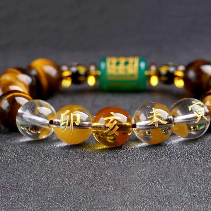 Buddha Stones Chinese Zodiac Tiger Eye White Crystal Courage Bracelet - BWOOOH - Pig(Wrist Circumference: 14-16cm)