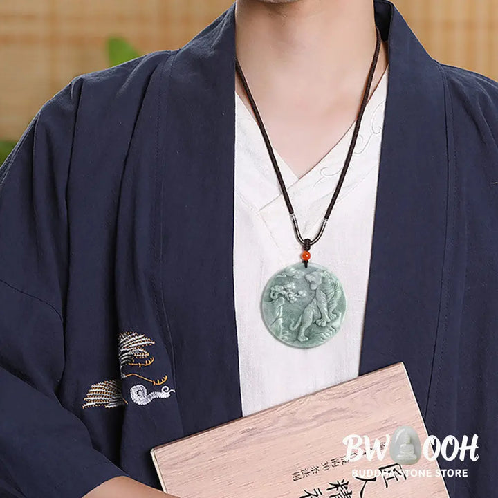 Buddha Stones Chinese Zodiac Tiger Jade Protection Necklace String Pendant - BWOOOH - Jade - Necklaces &amp; Pendants