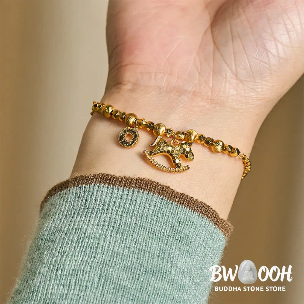 Buddha Stones Chinese Zodiac Year Of The Horse 24k Gold Plated Copper Coin Luck Bracelet - Horse(Wrist Circumference: