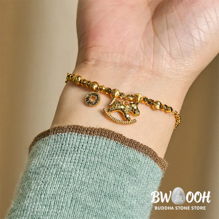 Buddha Stones Chinese Zodiac Year Of The Horse 24k Gold Plated Copper Coin Luck Bracelet - Horse(Wrist Circumference: