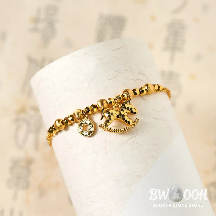 Buddha Stones Chinese Zodiac Year Of The Horse 24k Gold Plated Copper Coin Luck Bracelet - Horse(Wrist Circumference: