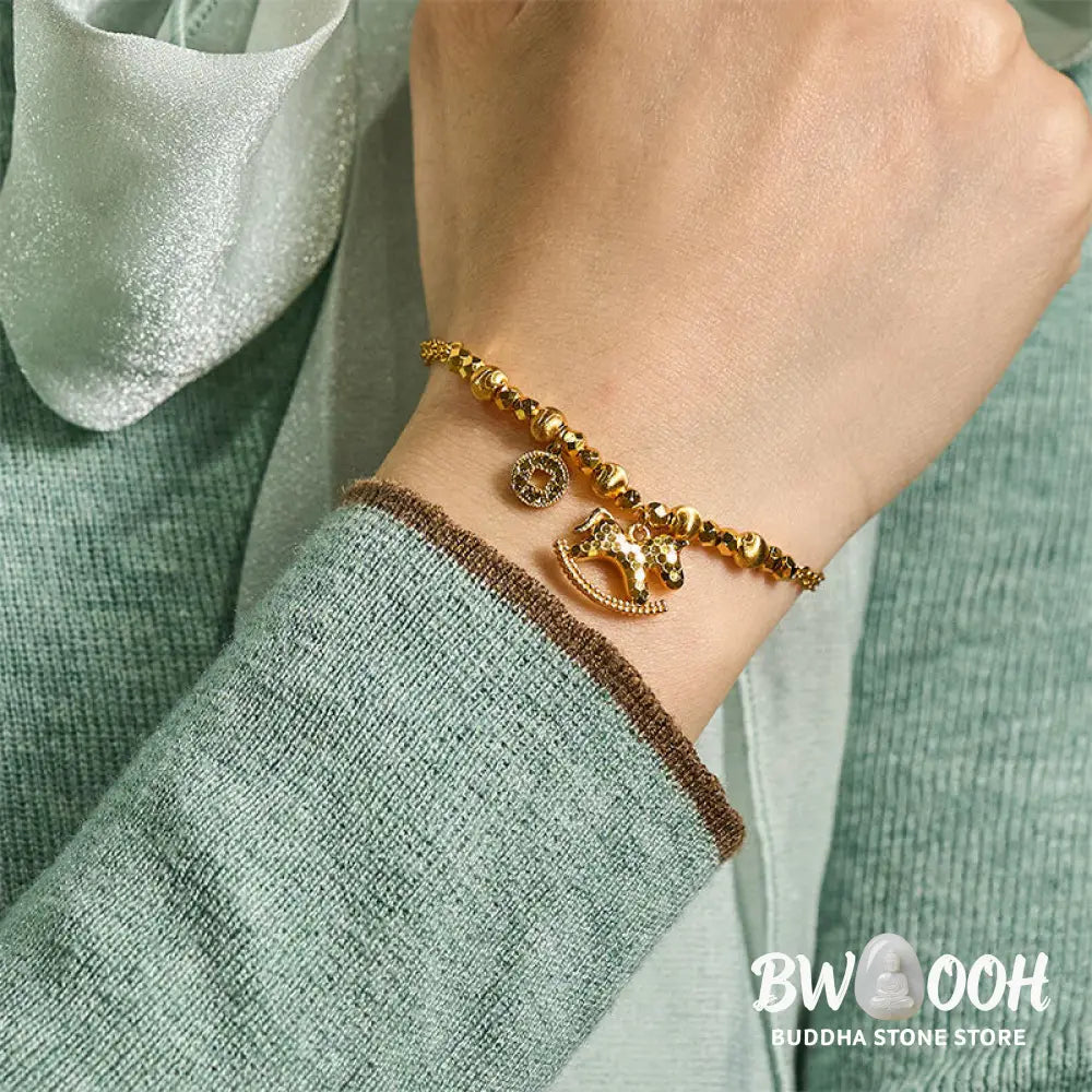 Buddha Stones Chinese Zodiac Year Of The Horse 24k Gold Plated Copper Coin Luck Bracelet - Horse(Wrist Circumference: