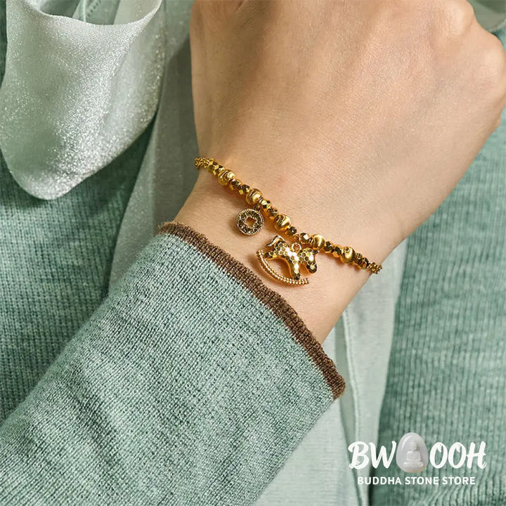 Buddha Stones Chinese Zodiac Year Of The Horse 24k Gold Plated Copper Coin Luck Bracelet - Horse(Wrist Circumference: