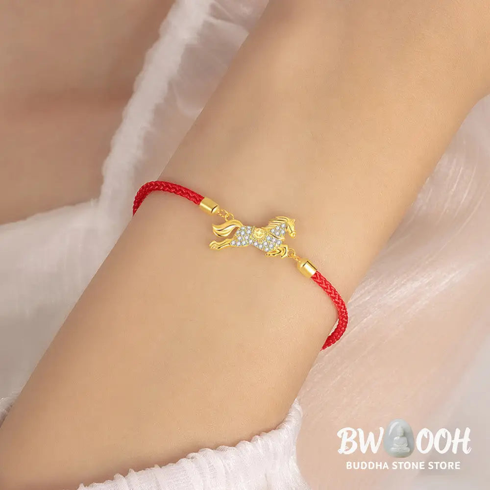 Buddha Stones Chinese Zodiac Year Of The Horse 925 Sterling Silver Golden Red String Luck Bracelet - Horse(Wrist