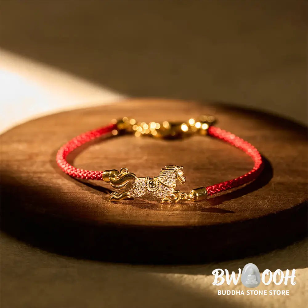Buddha Stones Chinese Zodiac Year Of The Horse 925 Sterling Silver Golden Red String Luck Bracelet - Horse(Wrist
