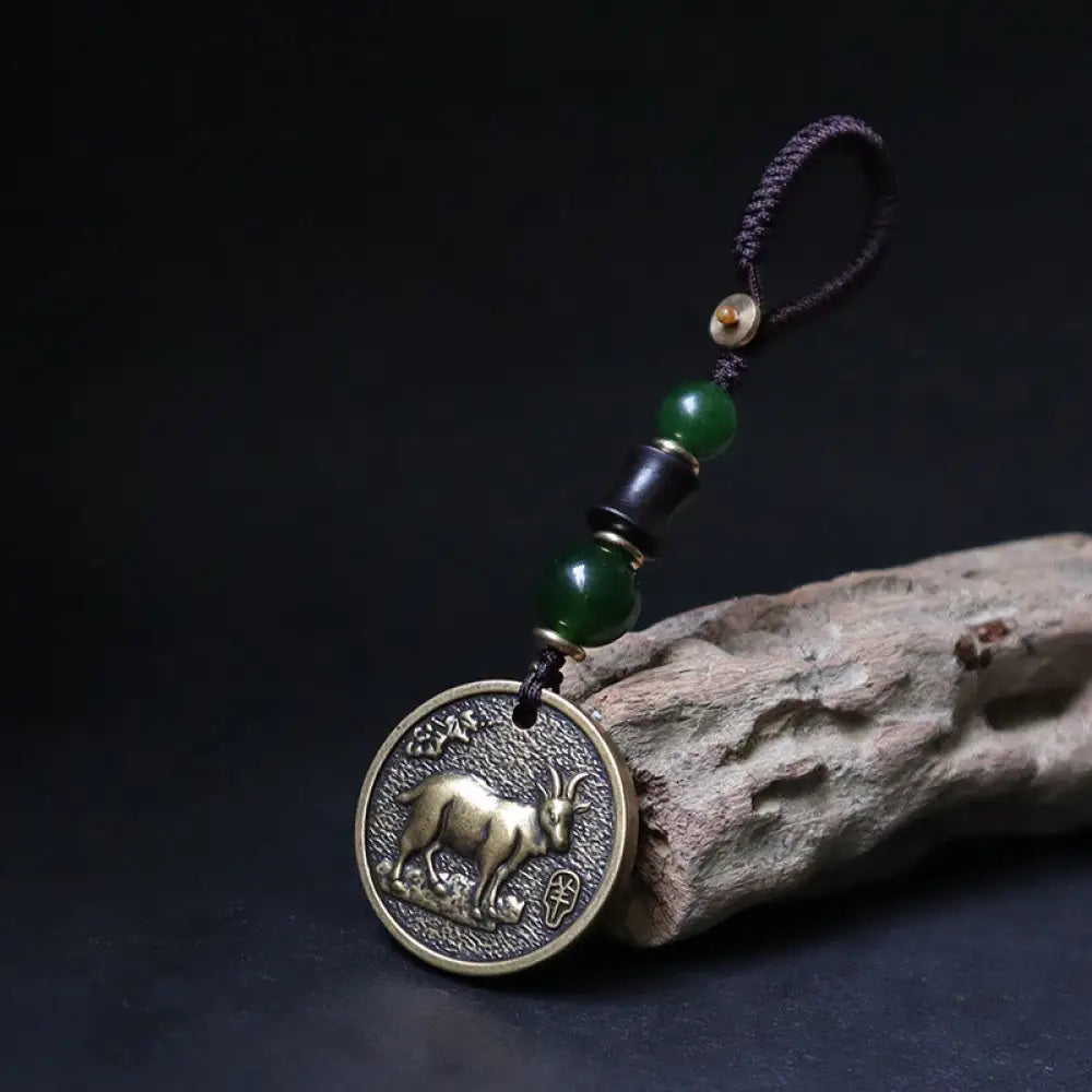 Buddha Stones Chinese Zodiac Year Of The Horse Bagua Fu Character Copper Brass Balance Key Chain - Copper Brass Goat
