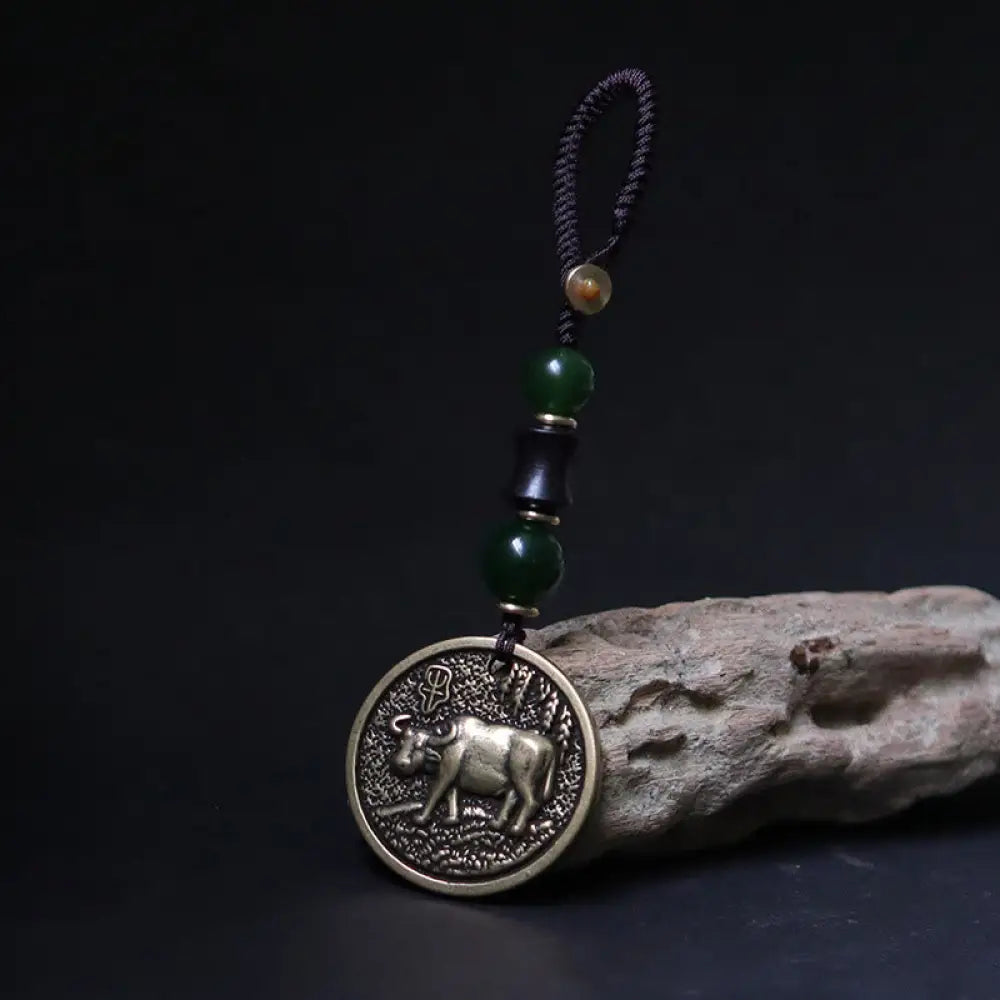 Buddha Stones Chinese Zodiac Year Of The Horse Bagua Fu Character Copper Brass Balance Key Chain - Copper Brass Ox