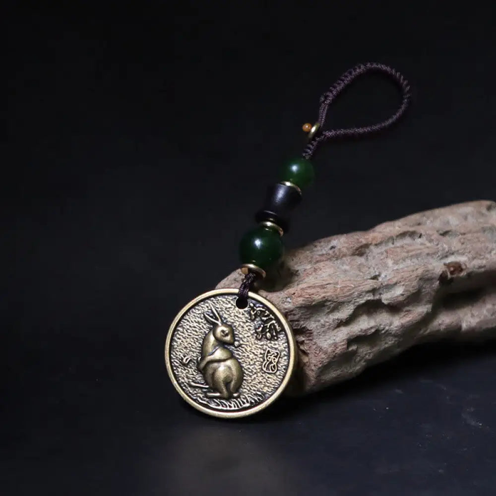 Buddha Stones Chinese Zodiac Year Of The Horse Bagua Fu Character Copper Brass Balance Key Chain - Copper Brass Rabbit