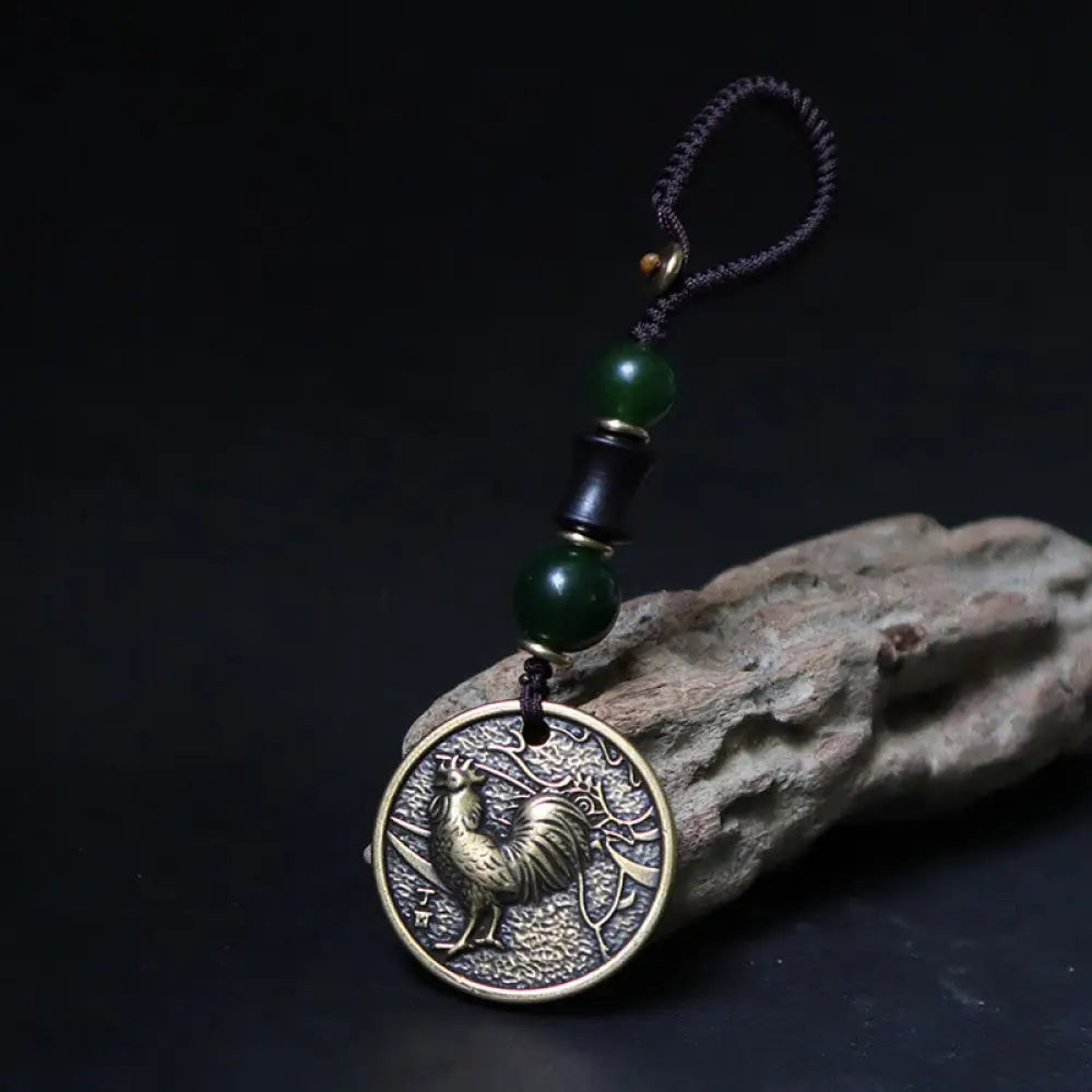 Buddha Stones Chinese Zodiac Year Of The Horse Bagua Fu Character Copper Brass Balance Key Chain - Copper Brass Rooster