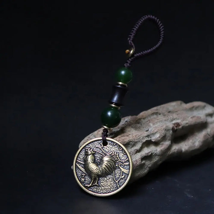 Buddha Stones Chinese Zodiac Year Of The Horse Bagua Fu Character Copper Brass Balance Key Chain - Copper Brass Rooster