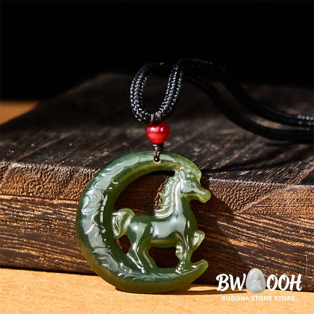 Buddha Stones Chinese Zodiac Year Of The Horse Charm Carved Jade Luck Prosperity Necklace Pendants - BWOOOH