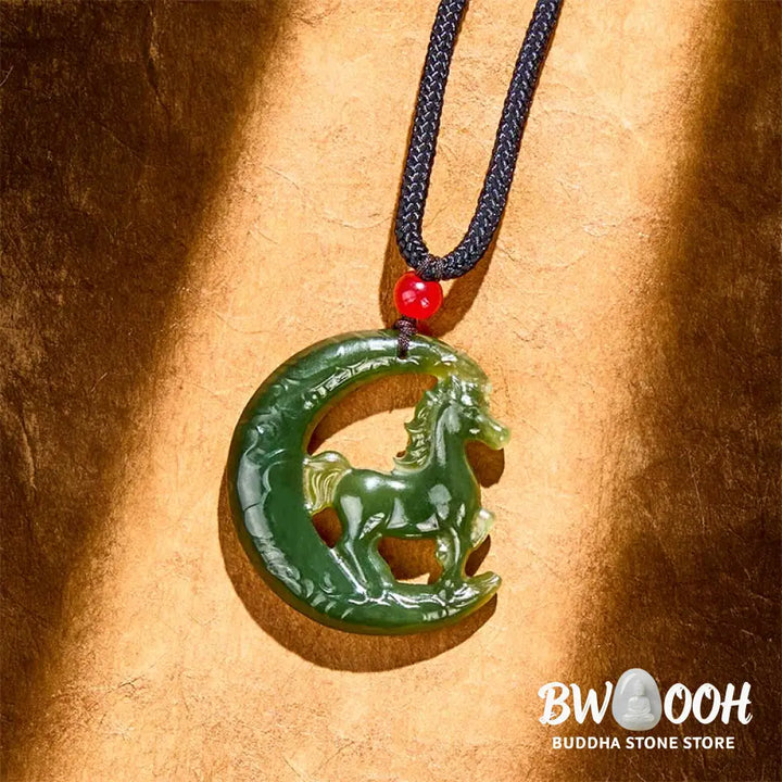 Buddha Stones Chinese Zodiac Year Of The Horse Charm Carved Jade Luck Prosperity Necklace Pendants - BWOOOH