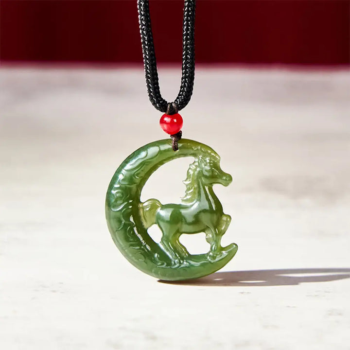 Buddha Stones Chinese Zodiac Year Of The Horse Charm Carved Jade Luck Prosperity Necklace Pendants - BWOOOH