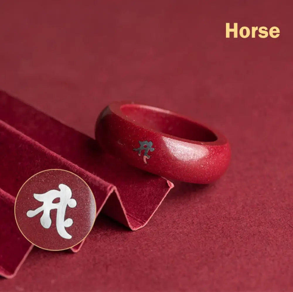 Buddha Stones Chinese Zodiac Year Of The Horse Cinnabar Blessing Ring - Cinnabar Horse / 15mm - Ring