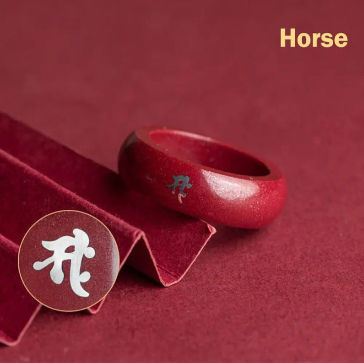 Buddha Stones Chinese Zodiac Year Of The Horse Cinnabar Blessing Ring - Cinnabar Horse / 15mm - Ring