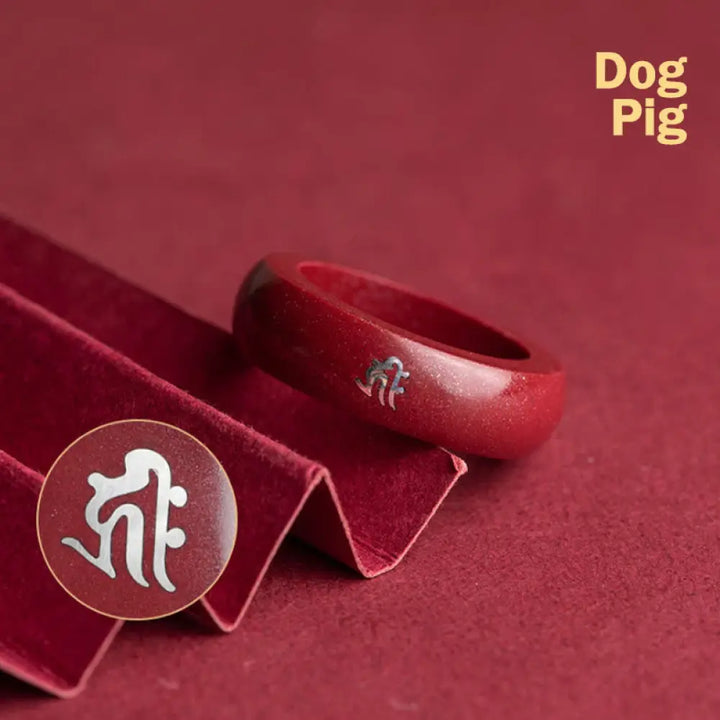 Buddha Stones Chinese Zodiac Year Of The Horse Cinnabar Blessing Ring - Cinnabar Dog Pig / 15mm - Ring