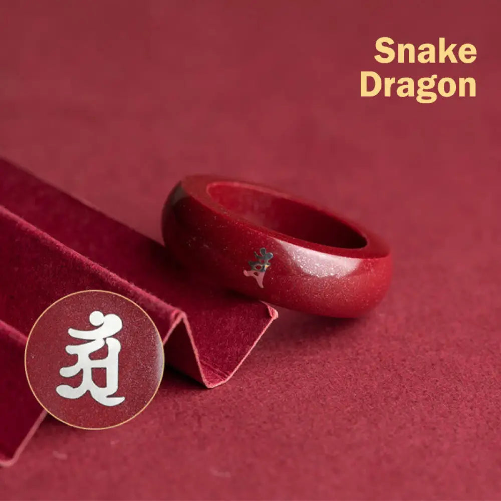 Buddha Stones Chinese Zodiac Year Of The Horse Cinnabar Blessing Ring - Cinnabar Dragon Snake / 15mm - Ring