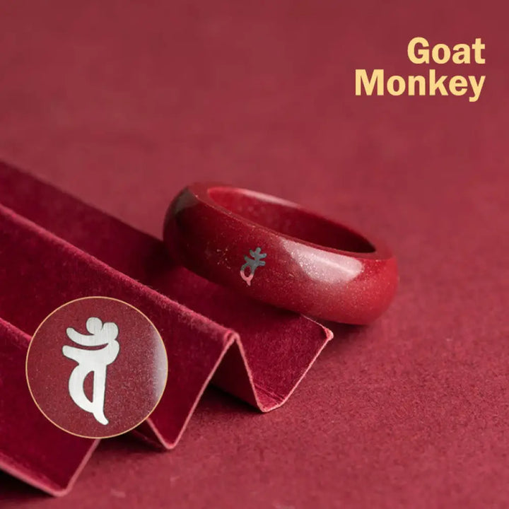 Buddha Stones Chinese Zodiac Year Of The Horse Cinnabar Blessing Ring - Cinnabar Goat Monkey / 15mm - Ring