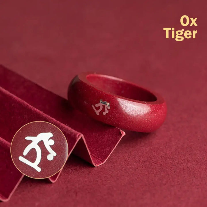 Buddha Stones Chinese Zodiac Year Of The Horse Cinnabar Blessing Ring - Cinnabar Ox Tiger / 15mm - Ring