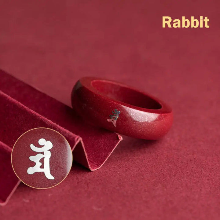 Buddha Stones Chinese Zodiac Year Of The Horse Cinnabar Blessing Ring - Cinnabar Rabbit / 15mm - Ring