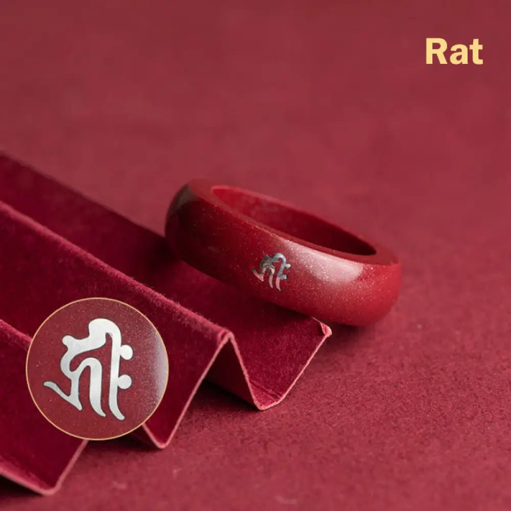 Buddha Stones Chinese Zodiac Year Of The Horse Cinnabar Blessing Ring - Cinnabar Rat / 15mm - Ring