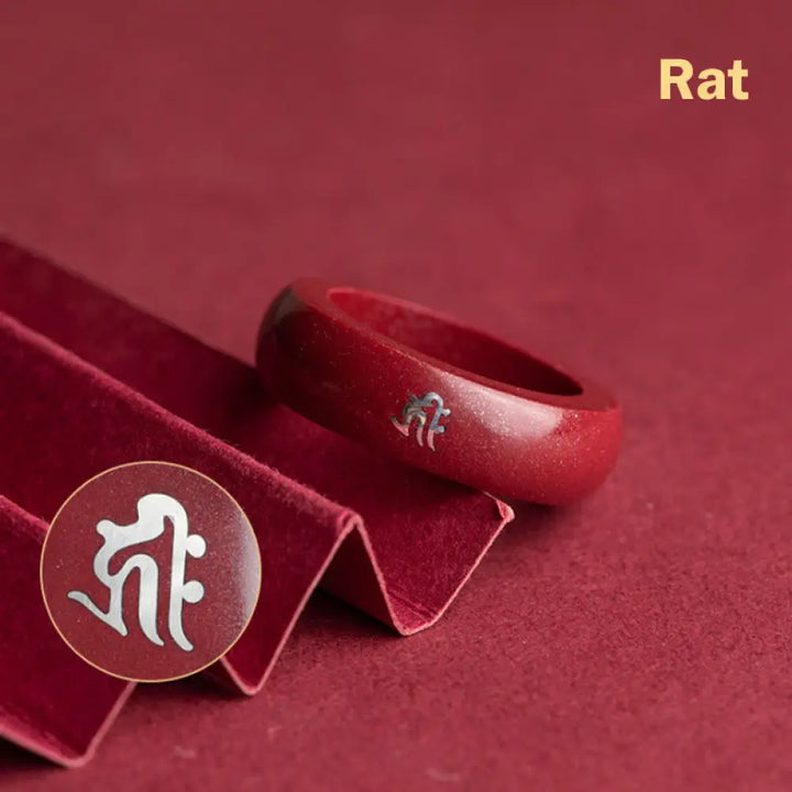 Buddha Stones Chinese Zodiac Year Of The Horse Cinnabar Blessing Ring - Cinnabar Rat / 15mm - Ring