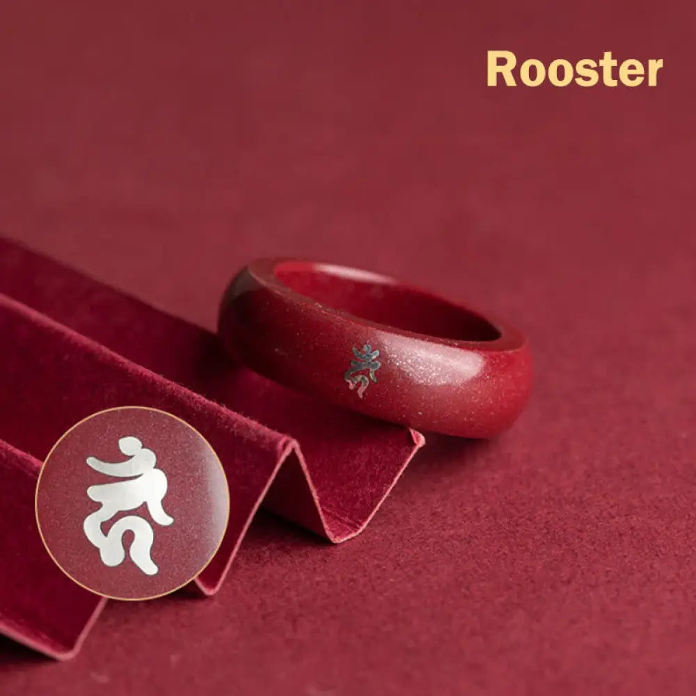 Buddha Stones Chinese Zodiac Year Of The Horse Cinnabar Blessing Ring - Cinnabar Rooster / 15mm - Ring