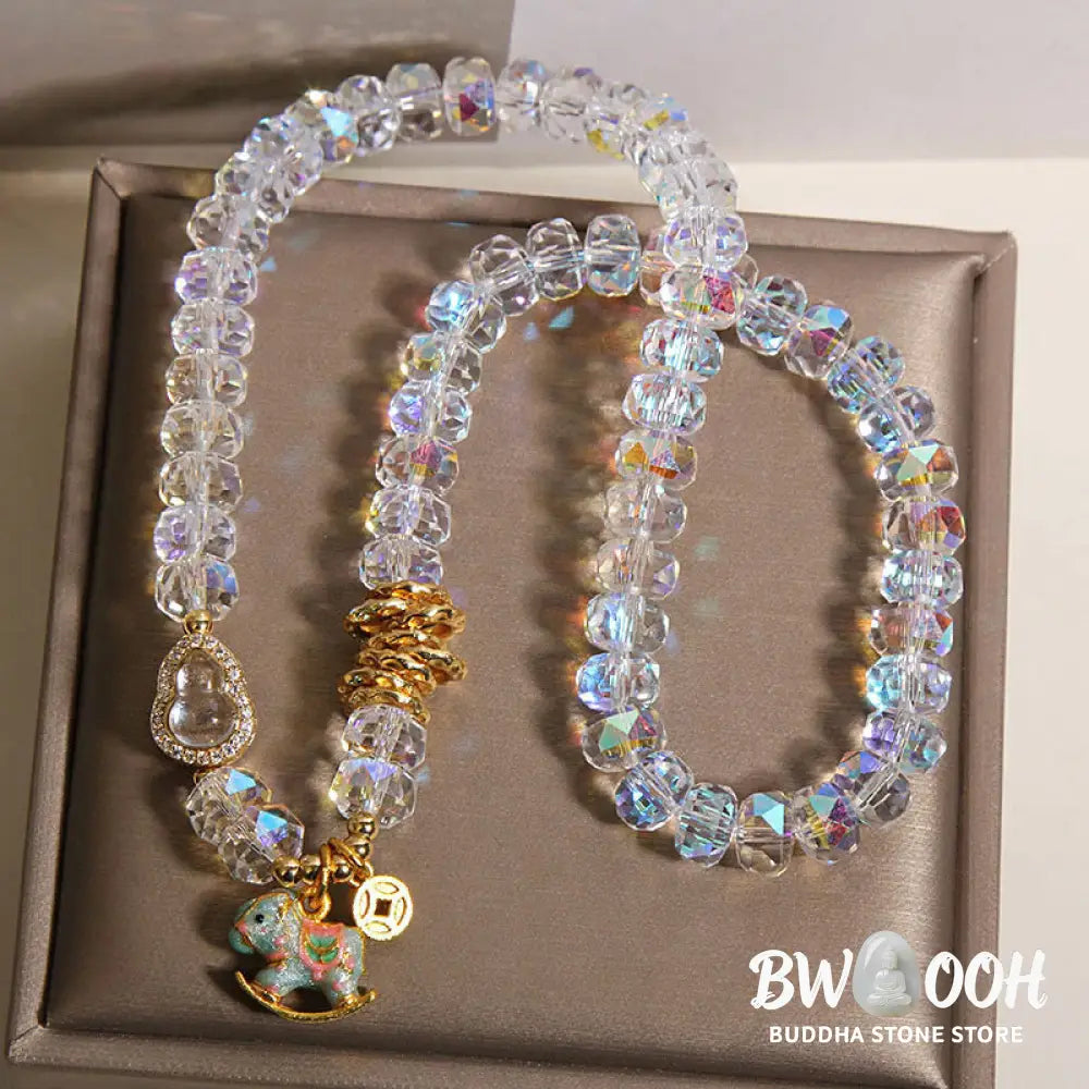 Buddha Stones Chinese Zodiac Year Of The Horse Crystal Glass Copper Coin Gourd Double Wrap Bracelet - Bracelet