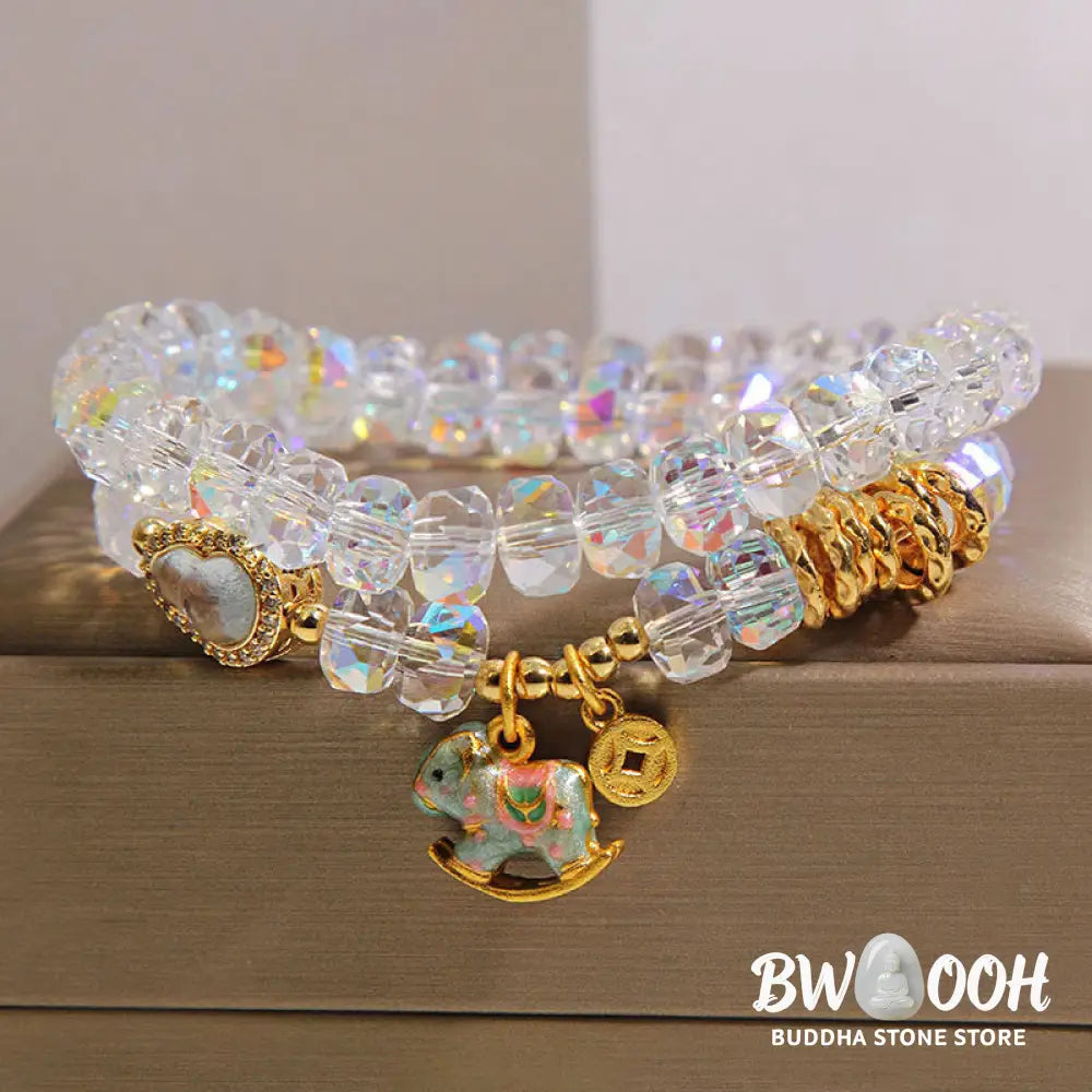 Buddha Stones Chinese Zodiac Year Of The Horse Crystal Glass Copper Coin Gourd Double Wrap Bracelet - Bracelet