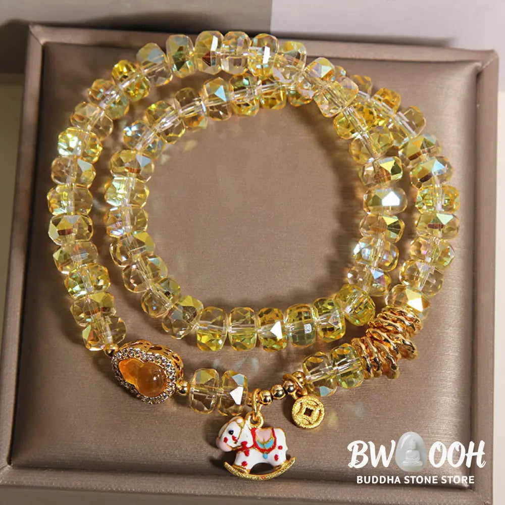 Buddha Stones Chinese Zodiac Year Of The Horse Crystal Glass Copper Coin Gourd Double Wrap Bracelet - Bracelet