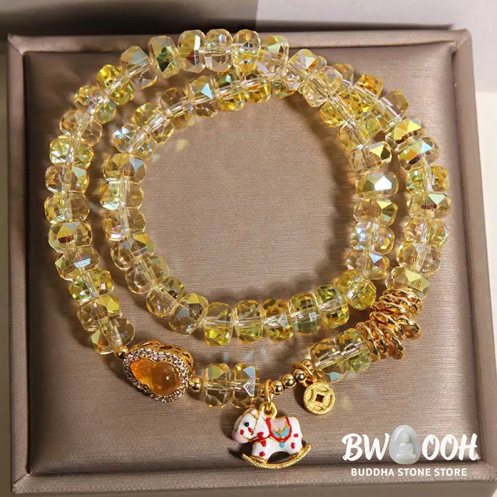 Buddha Stones Chinese Zodiac Year Of The Horse Crystal Glass Copper Coin Gourd Double Wrap Bracelet - Bracelet